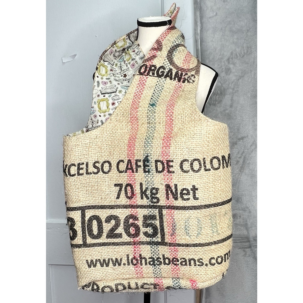 Upcycled Burlap Artisan Coffee Sack Tote Bag Jute Fabric lined Heavy‎ Coffee Art - Picture 9 of 13